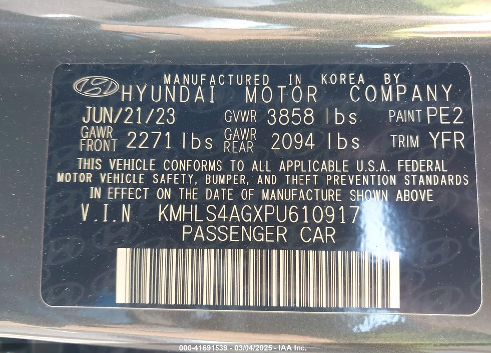 2023 HYUNDAI ELANTRA VIN: KMHLS4AGXPU610917