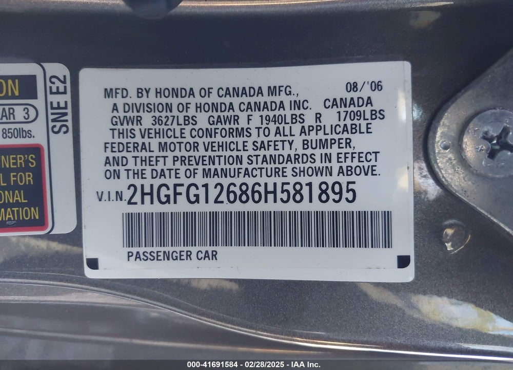 2006 HONDA CIVIC LX VIN: 2HGFG12686H581895