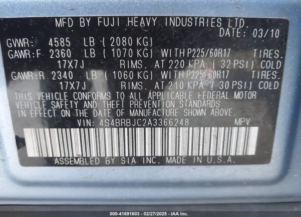 2010 SUBARU OUTBACK VIN: 4S4BRBJC2A3366248