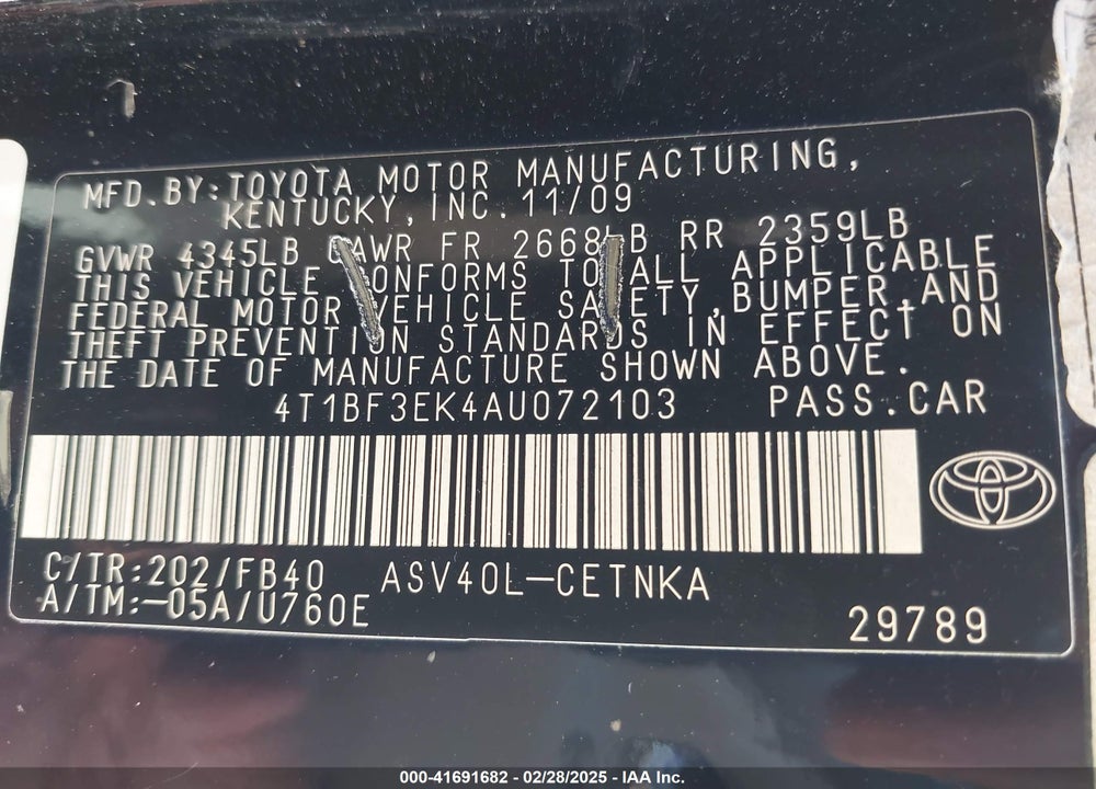 2010 TOYOTA CAMRY VIN: 4T1BF3EK4AU072103
