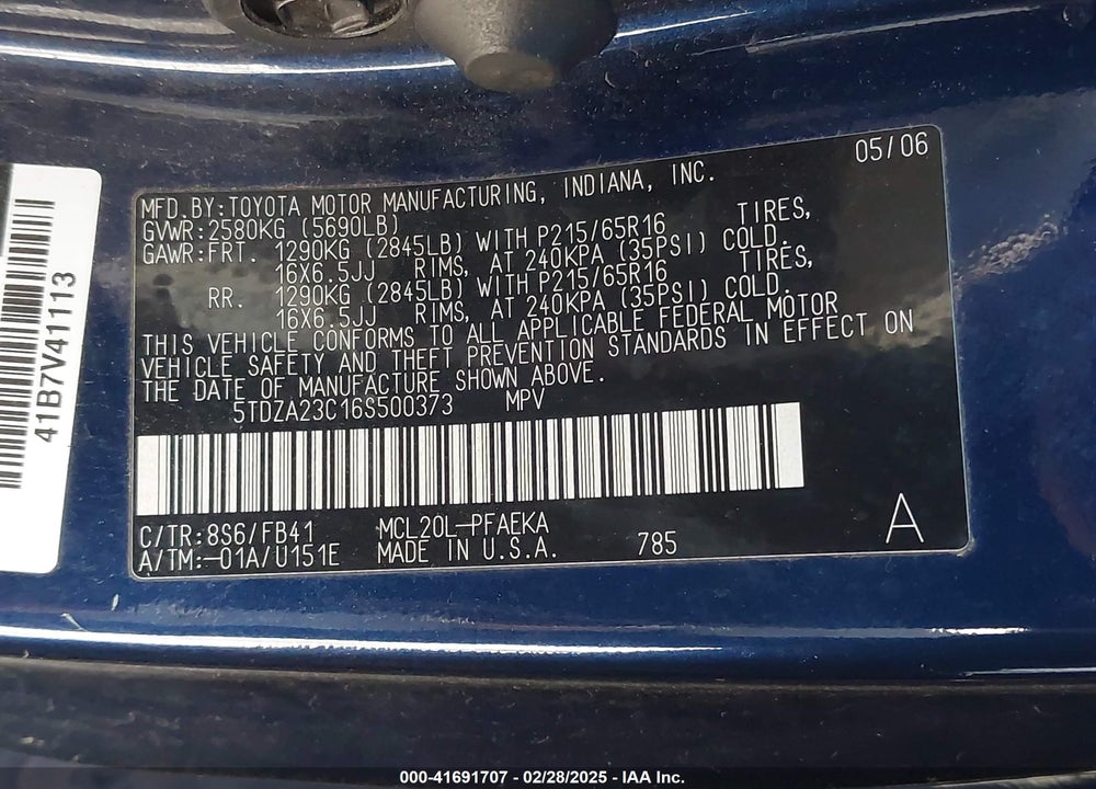 2006 TOYOTA SIENNA CE VIN: 5TDZA23C16S500373