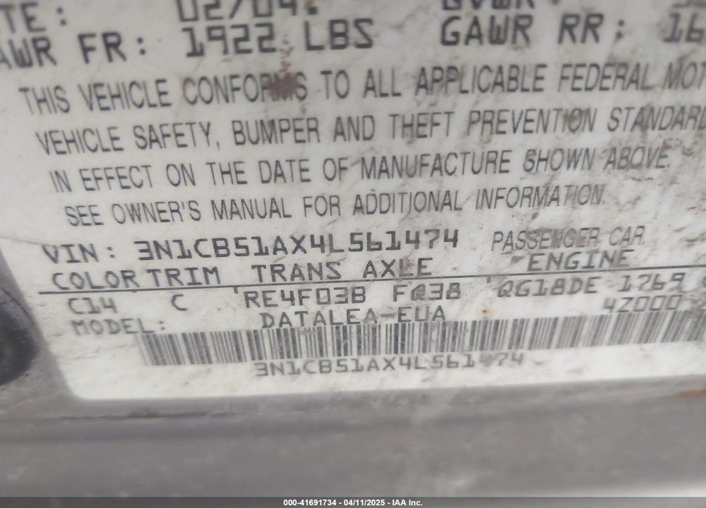 2004 NISSAN SENTRA 1.8S VIN: 3N1CB51AX4L561474
