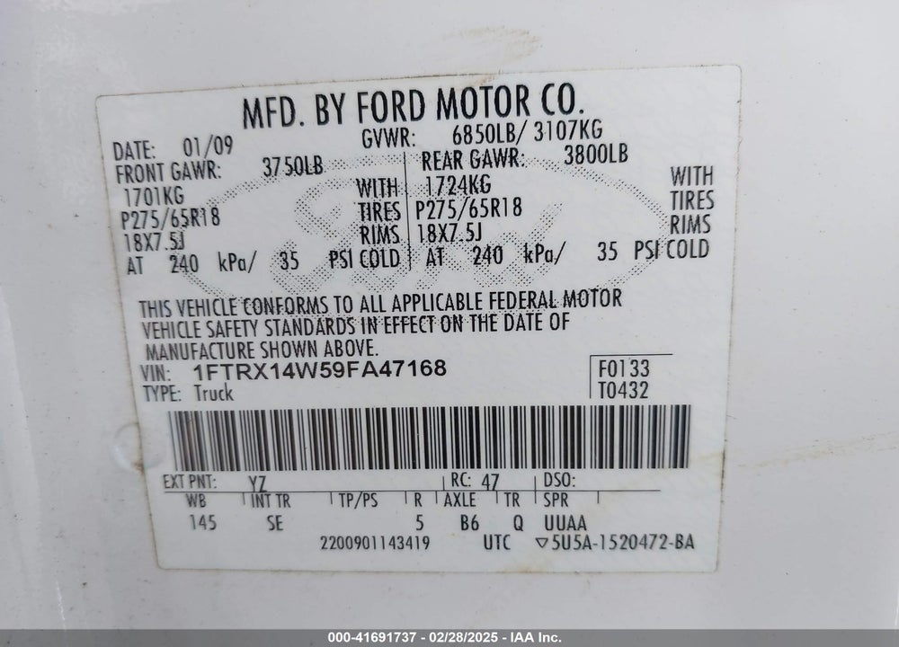 2009 FORD F-150 VIN: 1FTRX14W59FA47168