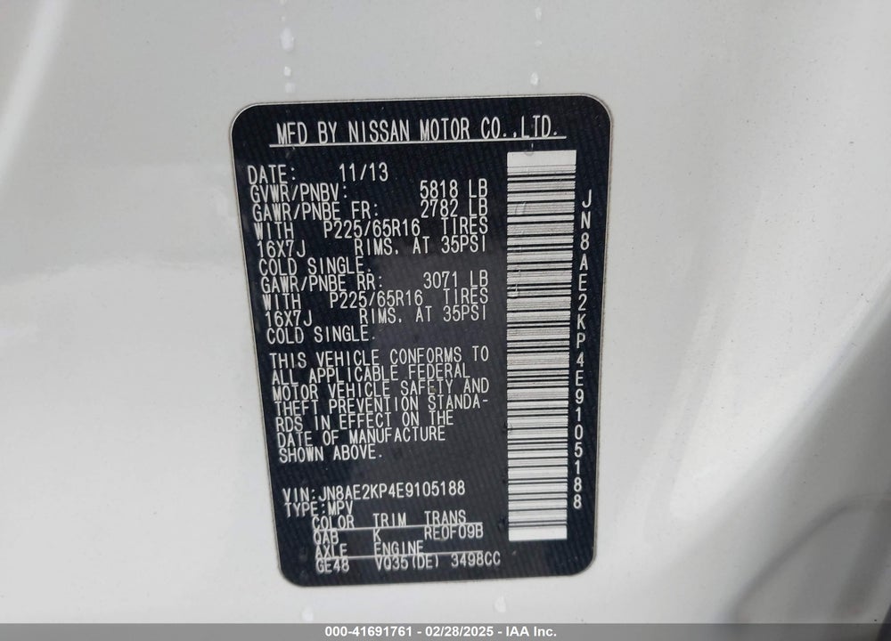2014 NISSAN QUEST VIN: JN8AE2KP4E9105188