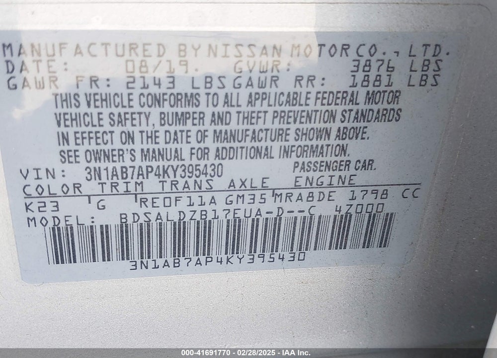 2019 NISSAN SENTRA VIN: 3N1AB7AP4KY395430