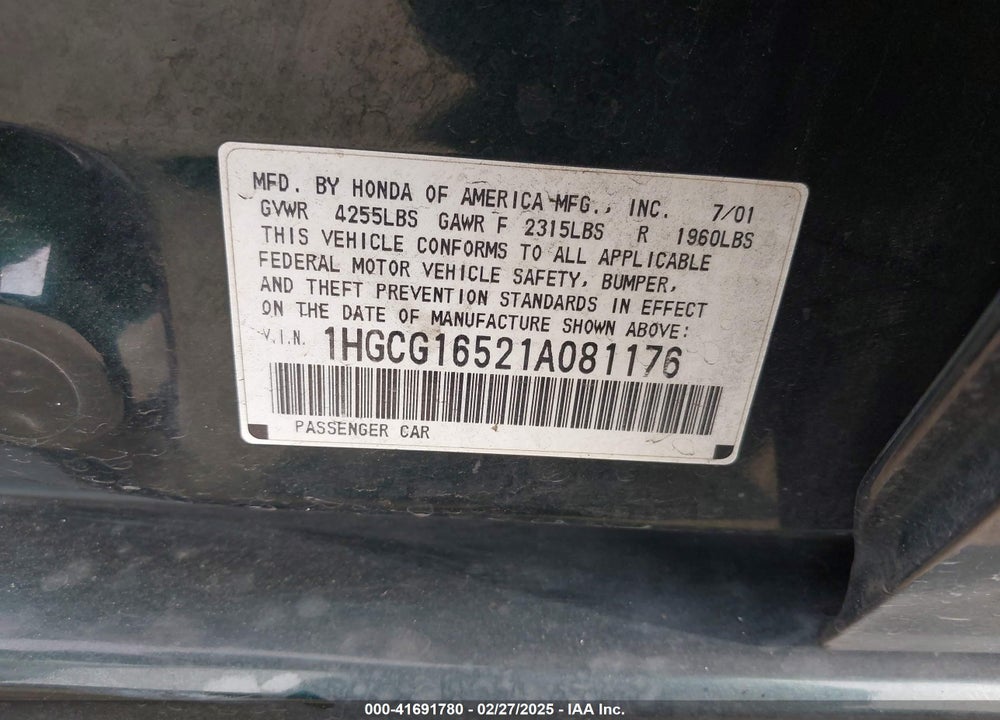 2001 HONDA ACCORD 3.0 EX VIN: 1HGCG16521A081176