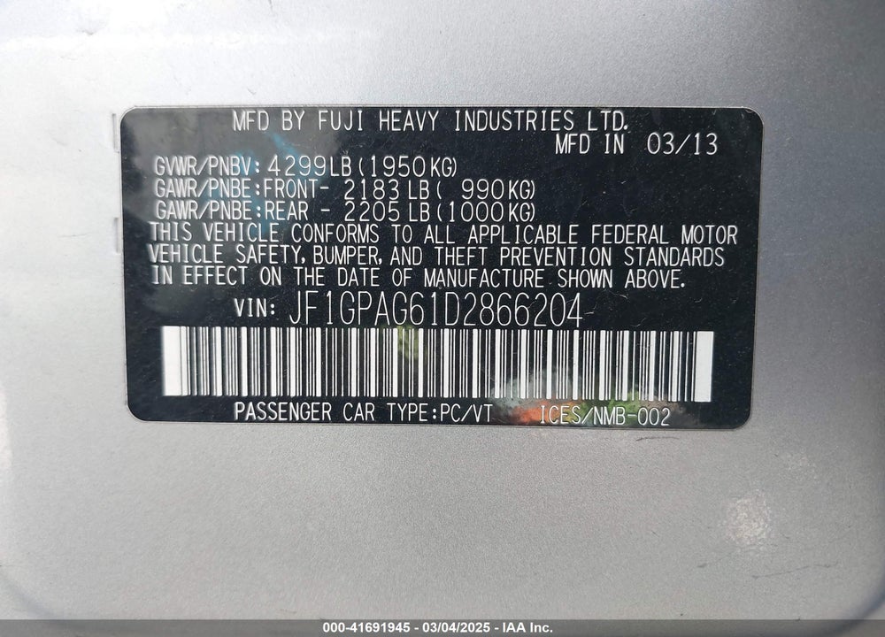 2013 SUBARU IMPREZA VIN: JF1GPAG61D2866204