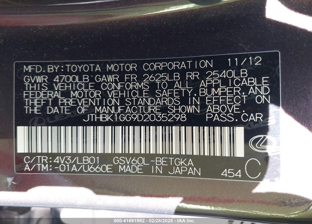 2013 LEXUS ES 350 VIN: JTHBK1GG9D2035298