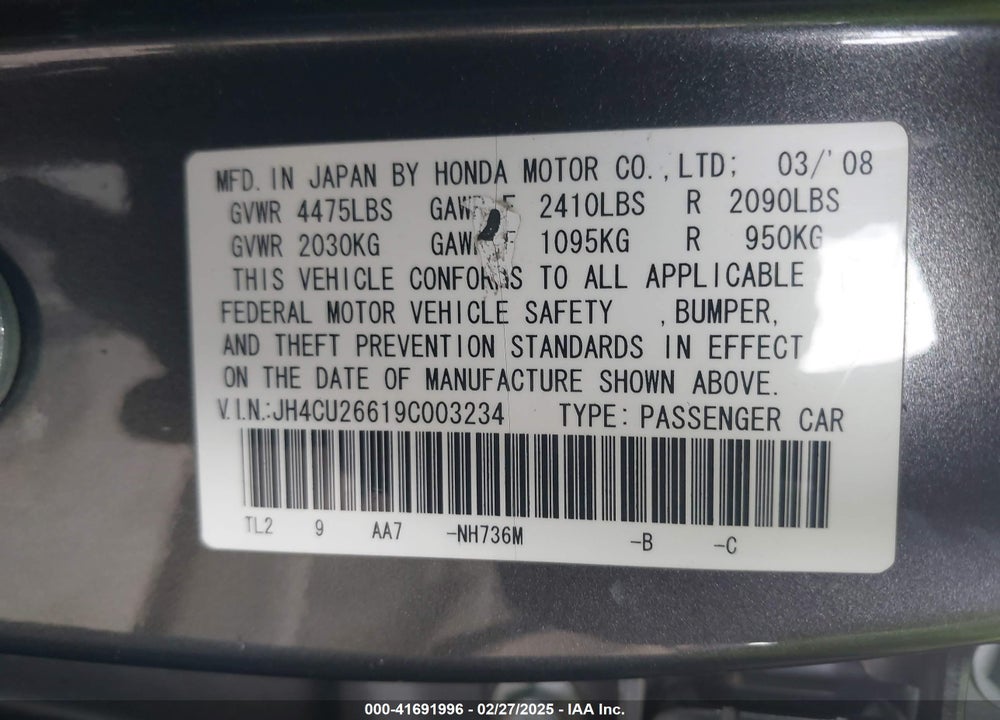2009 ACURA TSX VIN: JH4CU26619C003234