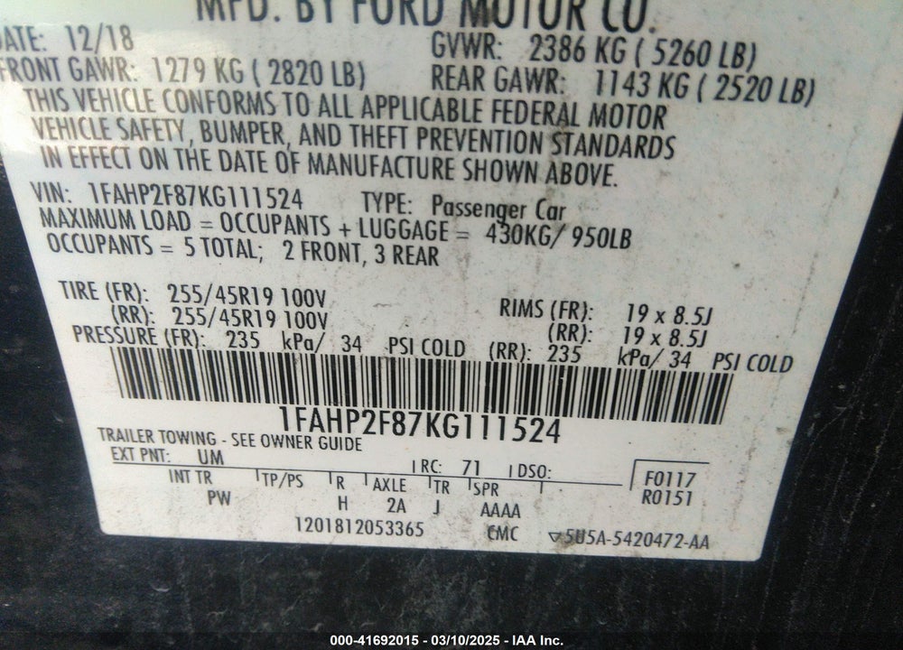 2019 FORD TAURUS VIN: 1FAHP2F87KG111524