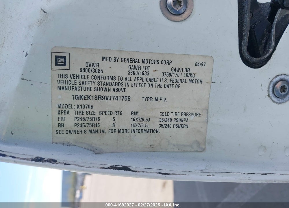 1997 GMC YUKON VIN: 1GKEK13R9VJ741768