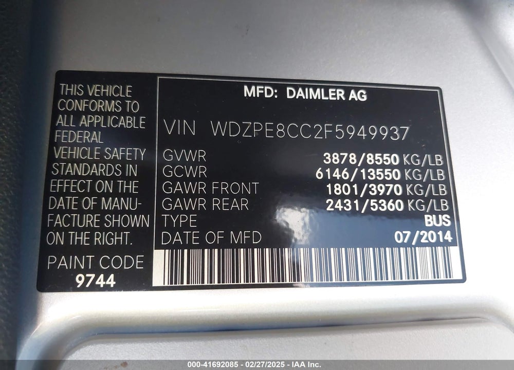 2015 MERCEDES-BENZ SPRINTER 2500 VIN: WDZPE8CC2F5949937
