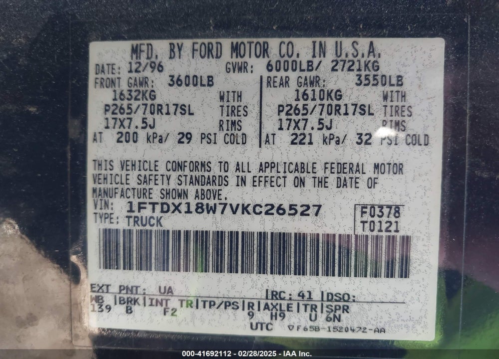 1997 FORD F-150 LARIAT/XL/XLT VIN: 1FTDX18W7VKC26527