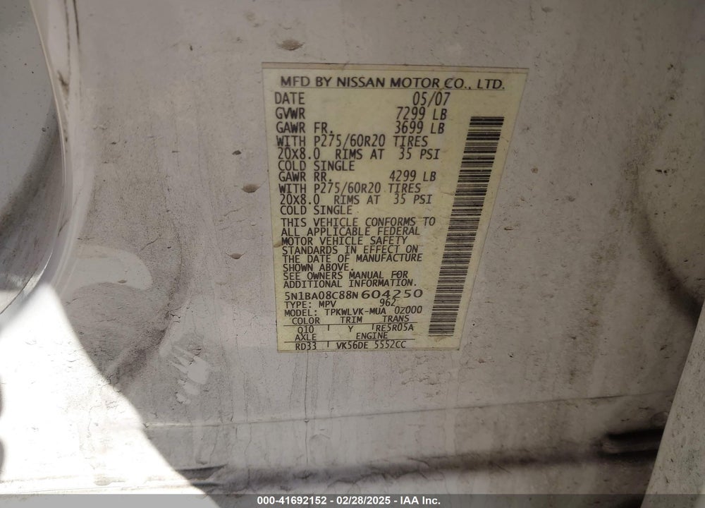 2008 NISSAN ARMADA VIN: 5N1BA08C88N604250