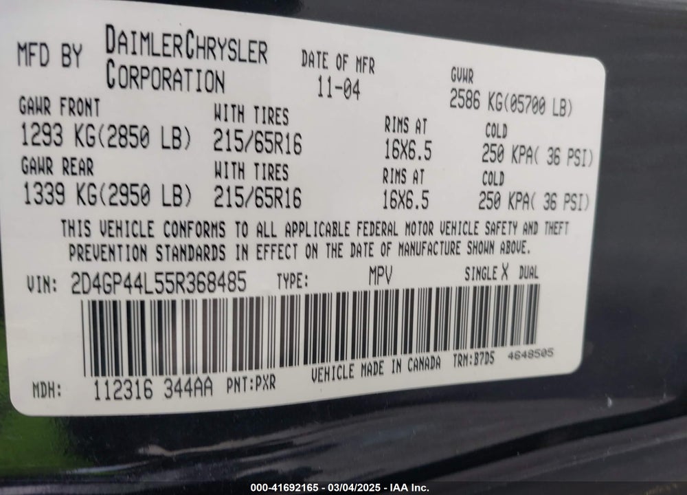 2005 DODGE GRAND CARAVAN SXT VIN: 2D4GP44L55R368485