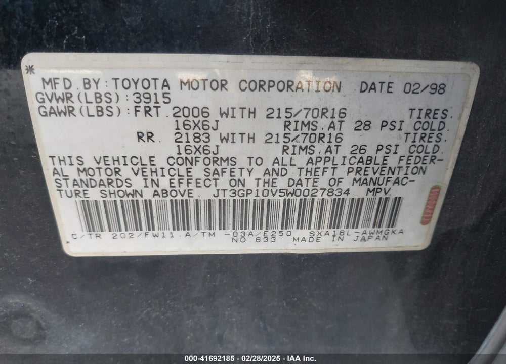 1998 TOYOTA RAV4 VIN: JT3GP10V5W0027834