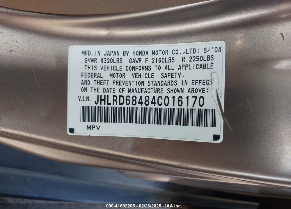 2004 HONDA CR-V LX VIN: JHLRD68484C016170