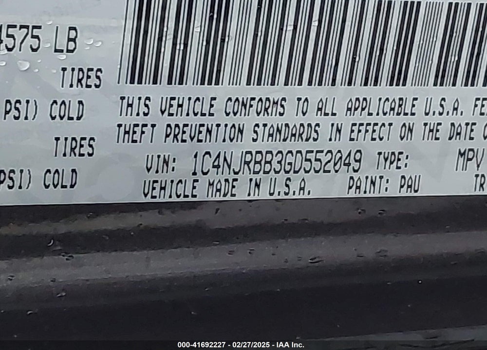 2016 JEEP PATRIOT VIN: 1C4NJRBB3GD552049