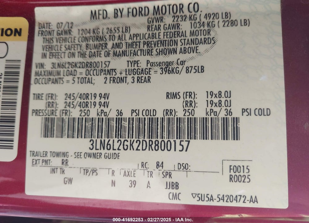 2013 LINCOLN MKZ VIN: 3LN6L2GK2DR800157