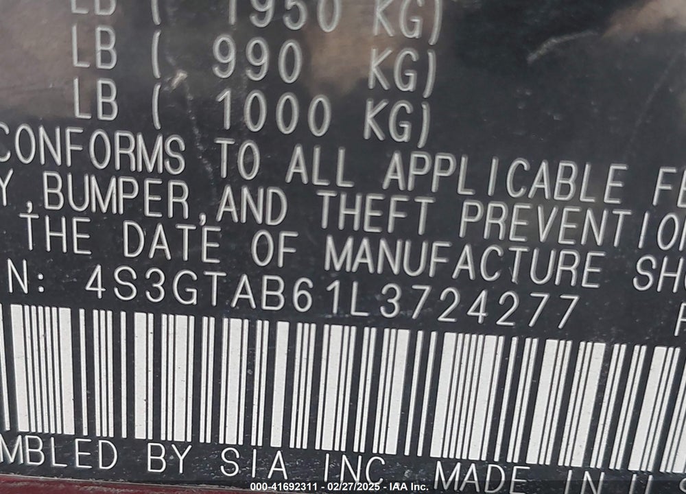 2020 SUBARU IMPREZA 5-DOOR VIN: 4S3GTAB61L3724277