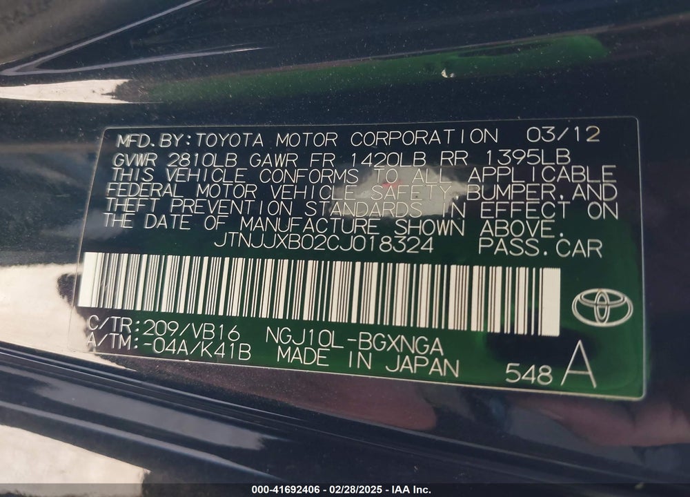 2012 SCION IQ VIN: JTNJJXB02CJ018324