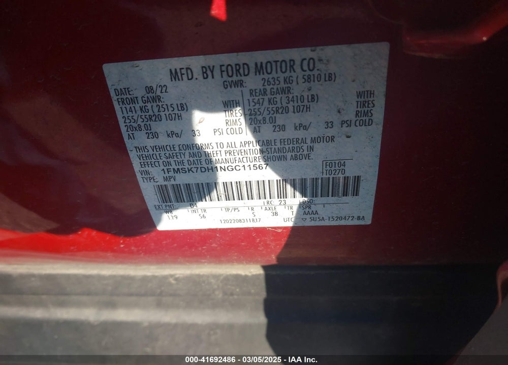 2022 FORD EXPLORER XLT VIN: 1FMSK7DH1NGC11567