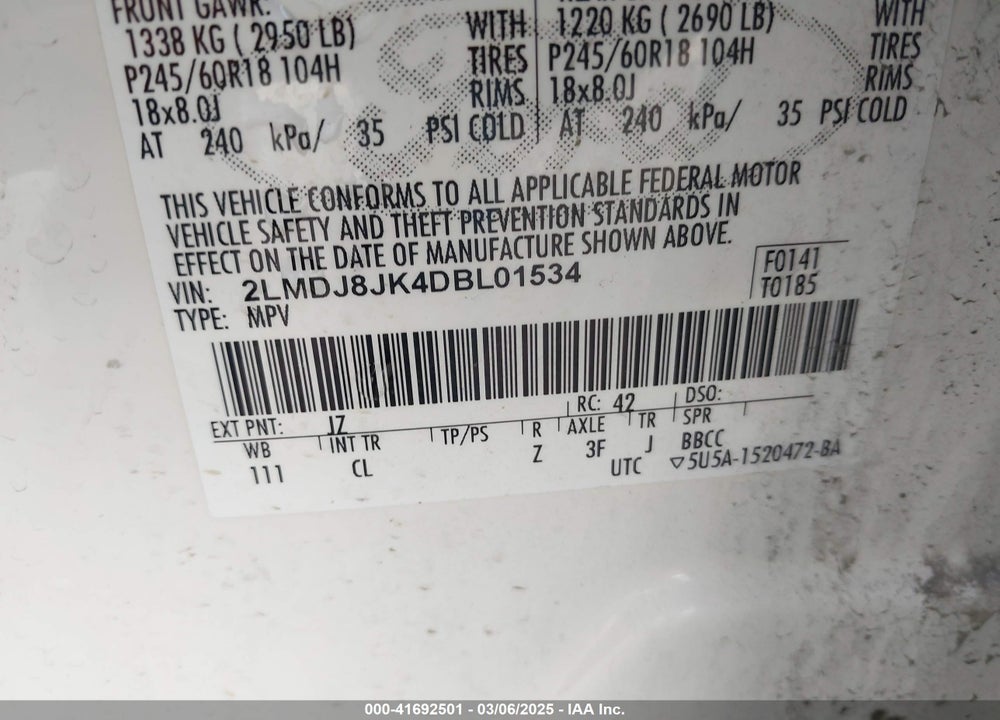2013 LINCOLN MKX VIN: 2LMDJ8JK4DBL01534