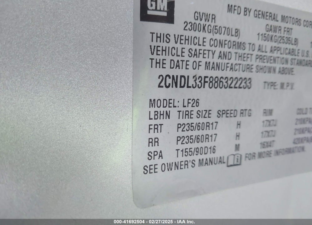 2008 CHEVROLET EQUINOX LT VIN: 2CNDL33F886322233
