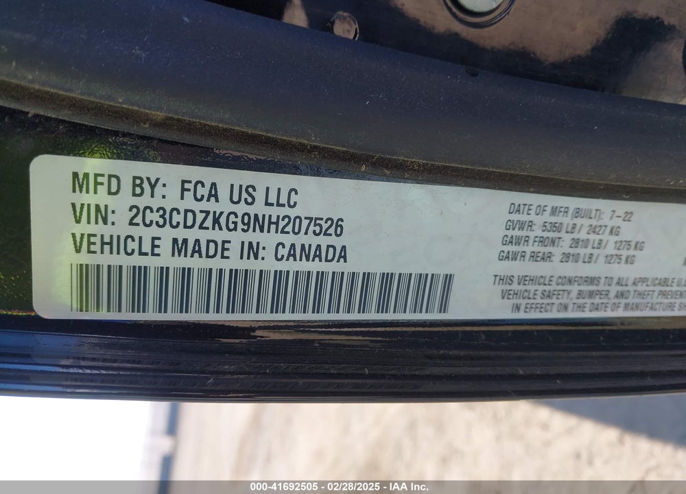 2022 DODGE CHALLENGER VIN: 2C3CDZKG9NH207526