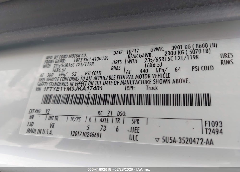2018 FORD TRANSIT-150 VIN: 1FTYE1YM3JKA17401