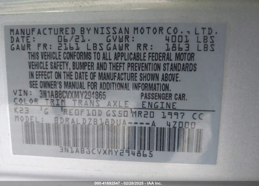 2021 NISSAN SENTRA VIN: 3N1AB8CVXMY294865