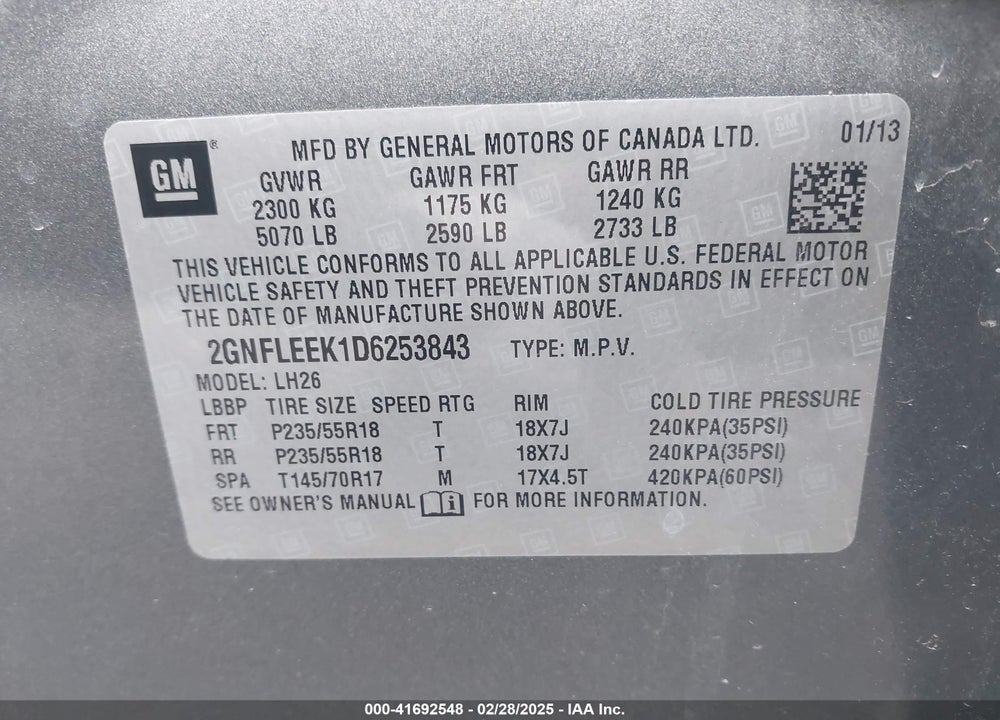 2013 CHEVROLET EQUINOX 1LT VIN: 2GNFLEEK1D6253843