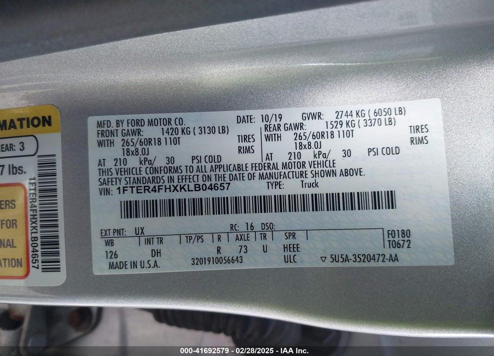2019 FORD RANGER VIN: 1FTER4FHXKLB04657