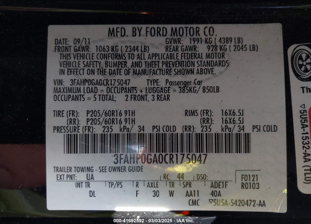 2012 FORD FUSION VIN: 3FAHP0GA0CR175047