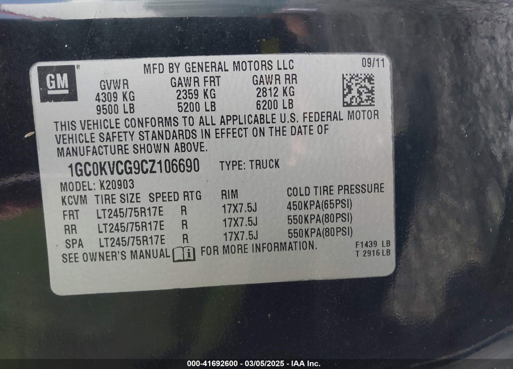 2012 CHEVROLET SILVERADO 2500HD WORK TRUCK VIN: 1GC0KVCG9CZ106690