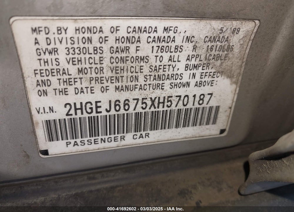 1999 HONDA CIVIC VIN: 2HGEJ6675XH570187