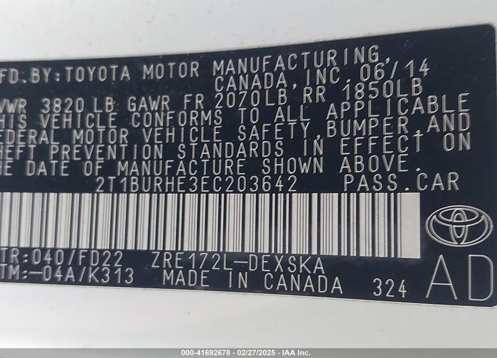 2014 TOYOTA COROLLA VIN: 2T1BURHE3EC203642