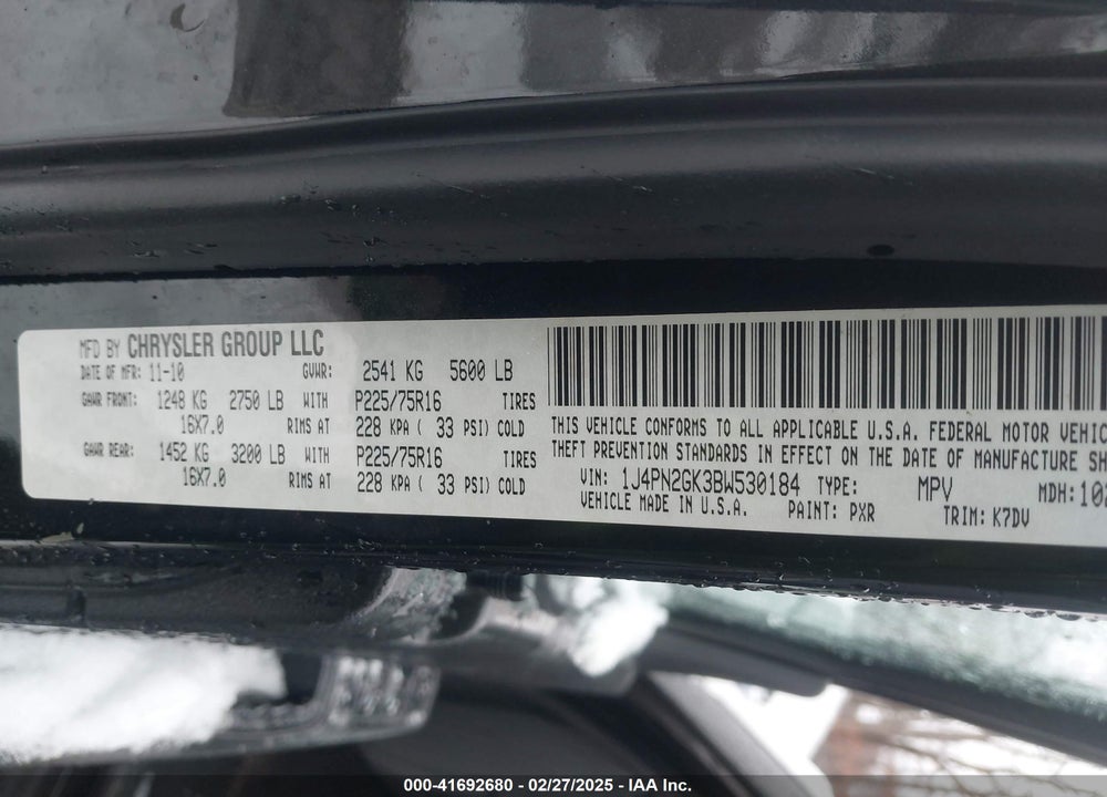 2011 JEEP LIBERTY SPORT VIN: 1J4PN2GK3BW530184