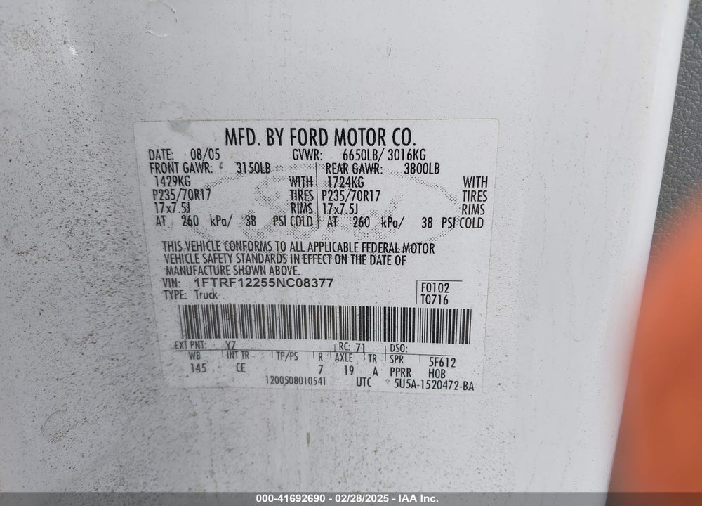 2005 FORD F-150 STX/XL/XLT VIN: 1FTRF12255NC08377