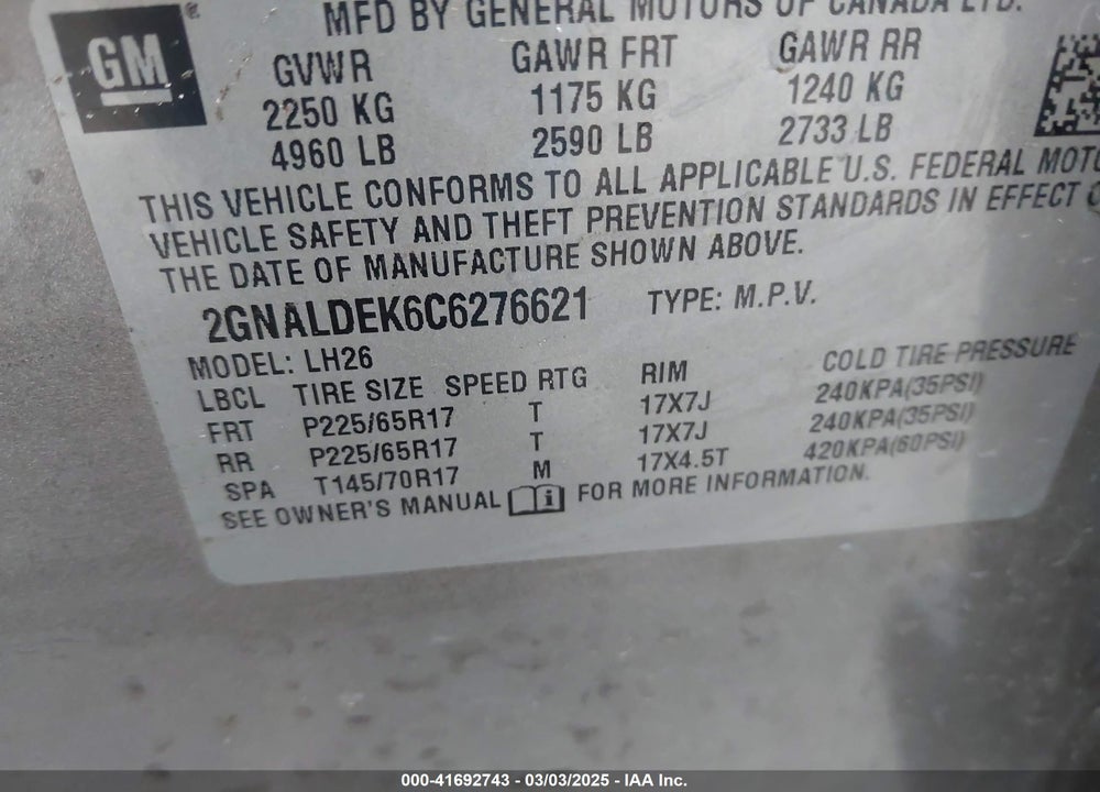 2012 CHEVROLET EQUINOX 1LT VIN: 2GNALDEK6C6276621