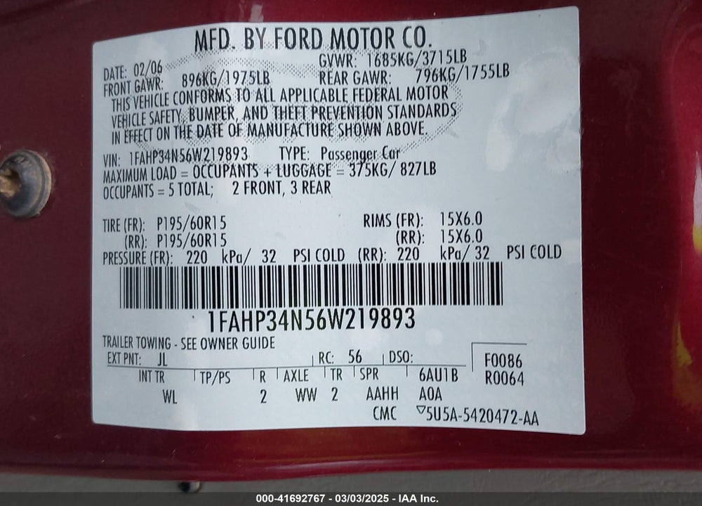 2006 FORD FOCUS ZX4 VIN: 1FAHP34N56W219893