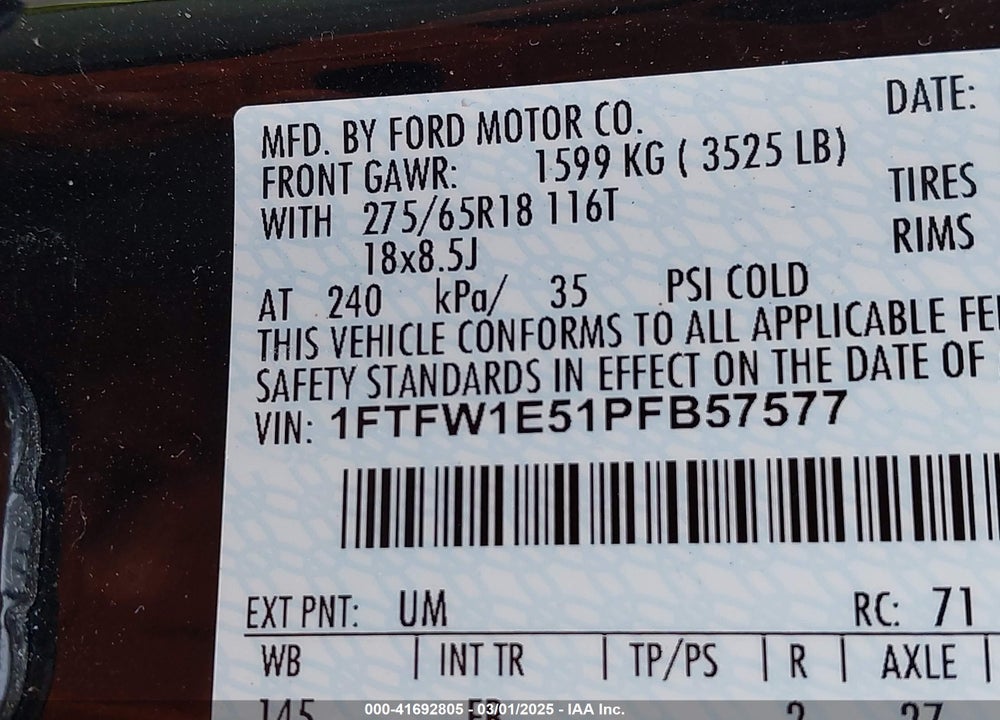 2023 FORD F-150 VIN: 1FTFW1E51PFB57577