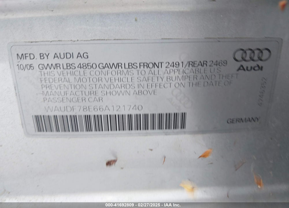 2006 AUDI A4 VIN: WAUDF78E66A121740