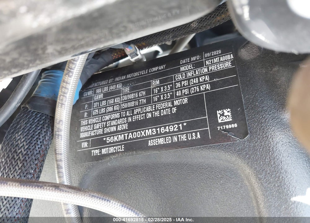 2021 INDIAN MOTORCYCLE CO. SCOUT BOBBER ABS VIN: 56KMTA00XM3164921