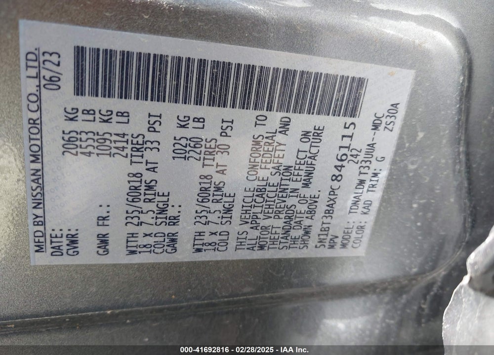 2023 NISSAN ROGUE SV FWD VIN: 5N1BT3BAXPC846115