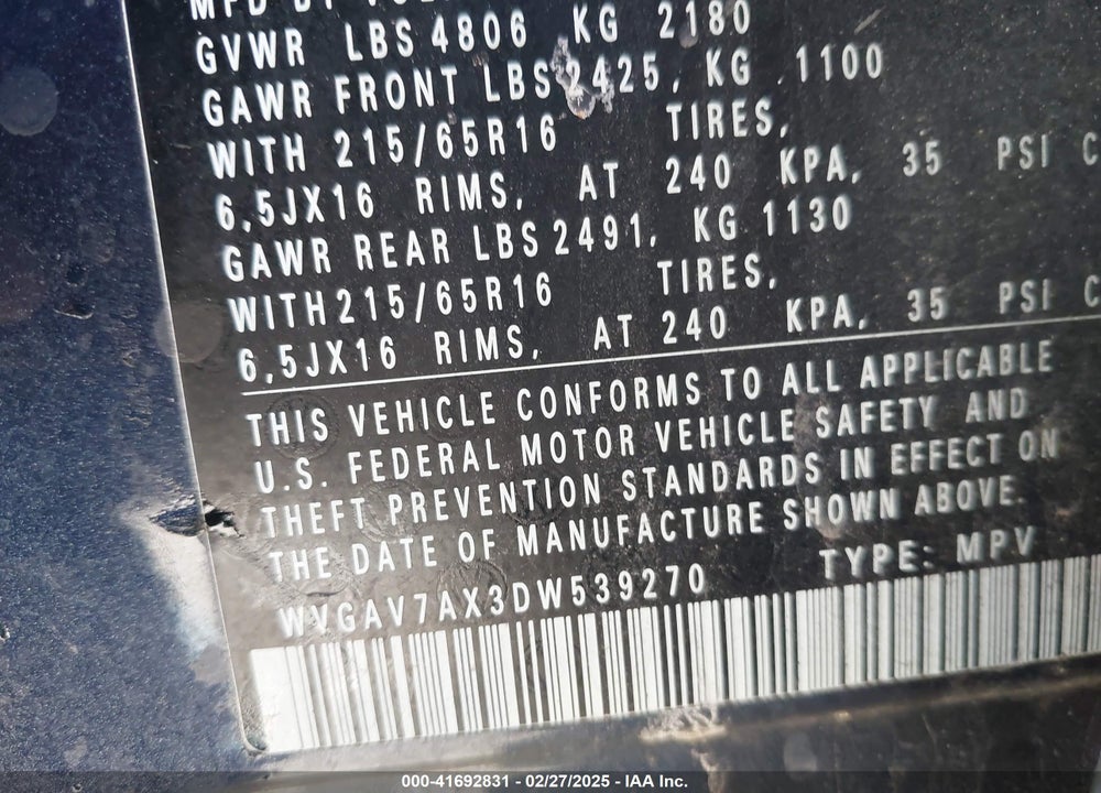 2013 VOLKSWAGEN TIGUAN VIN: WVGAV7AX3DW539270