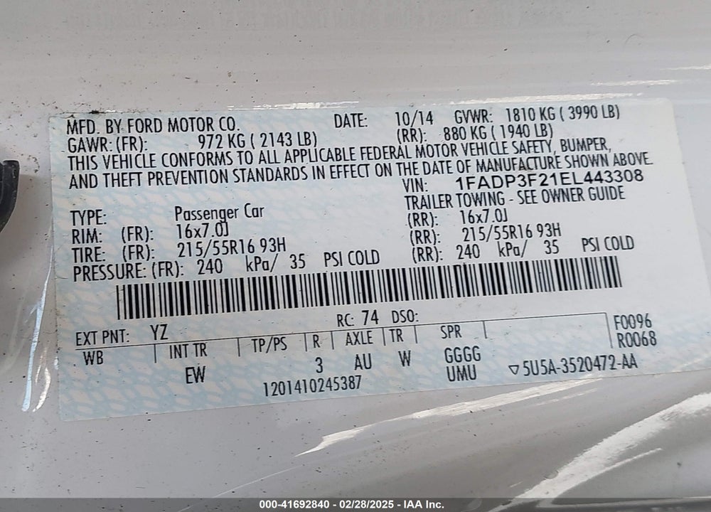 2014 FORD FOCUS VIN: 1FADP3F21EL443308