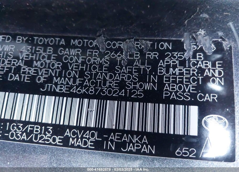 2007 TOYOTA CAMRY VIN: JTNBE46K873024125