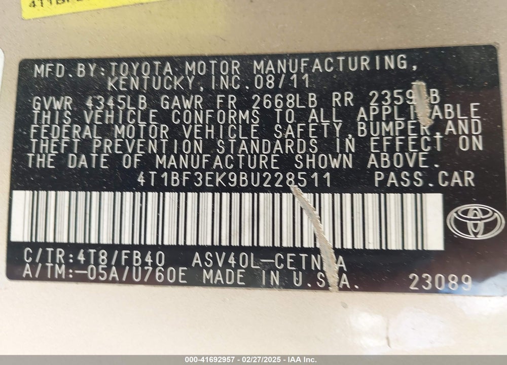 2011 TOYOTA CAMRY VIN: 4T1BF3EK9BU228511