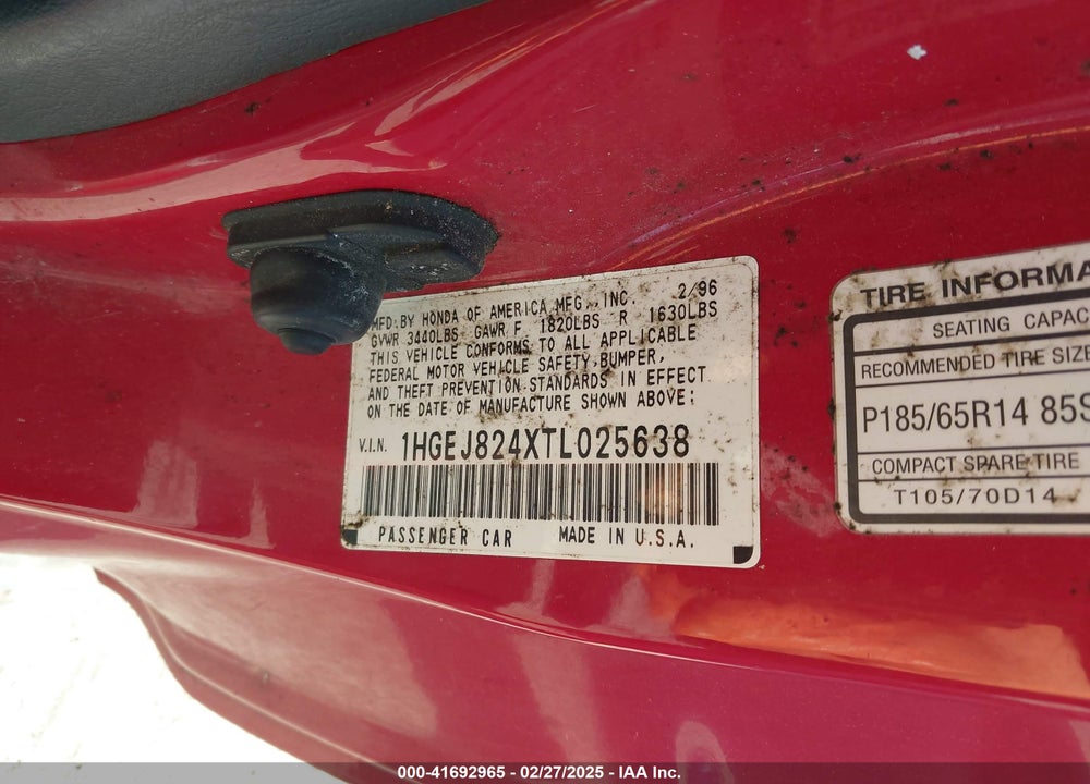 1996 HONDA CIVIC VIN: 1HGEJ824XTL025638